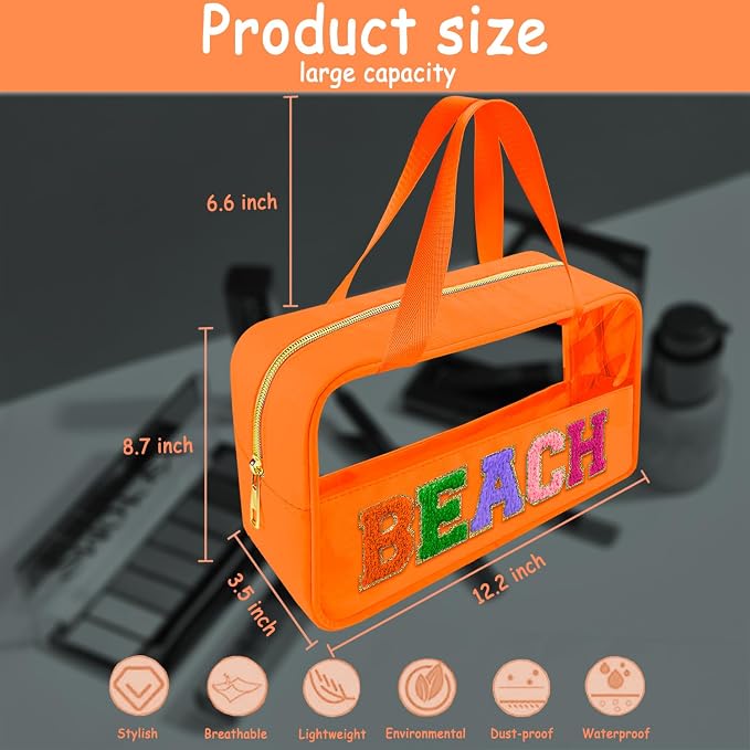 Bunliuys Chenille Letter Clear Makeup Bag Beach Patch, Travel Toiletry Makeup Bag with Handle, Nylon Waterproof Makeup Bags clear cosmetic bag, preppy patch makeup bag for Women (BEACH-Orange)