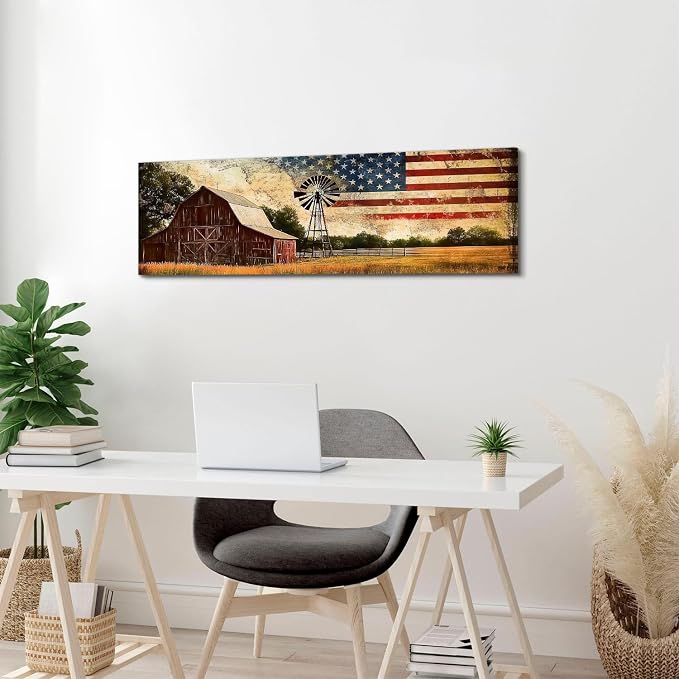 Farmhouse Barn Wall Art Country Western Wall Decor Vintage Windmill Pictures for Kitchen Living Room, Old Barn Landscape Canvas Painting America Flag Poster Prints Artwork Cabin Decoration 14x48”