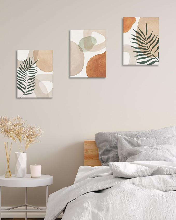 HesenDot Abstract Botanical Wall Art Set of 3, 30x40CM Neutral Plant Framed Canvas Prints, Beige Green Boho Aesthetic Wall Decor for Living Room Bedroom Bathroom Office Home