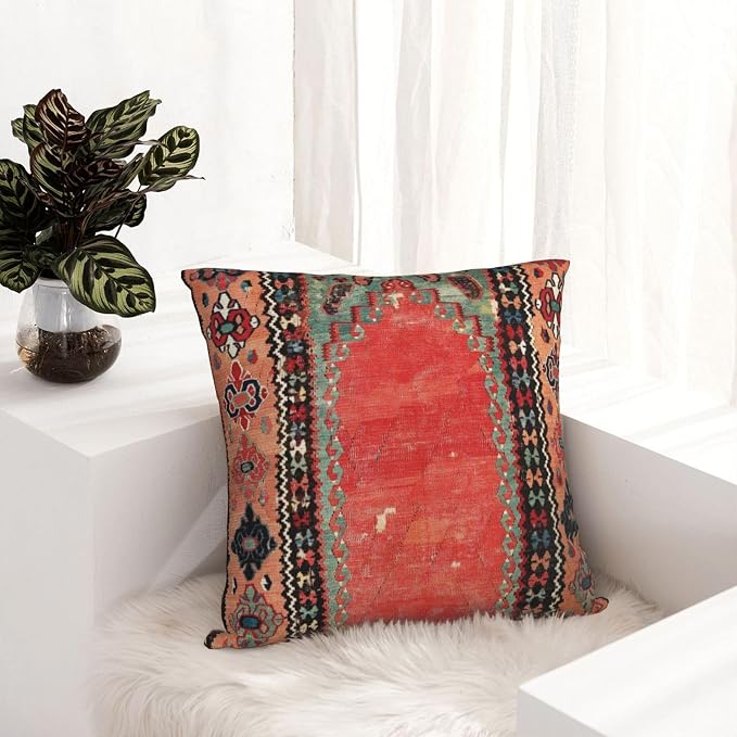 Antique Sivas Cappadocian Turkish Niche Kilim Pillow Covers Decorative Square Throw Pillowcase 18x18 Inch Couch Cushion Cover for Home Decor Living Room Bedroom College Dorm Bed Car Sofa