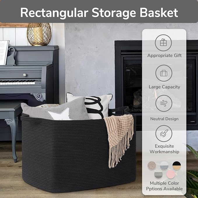 Goodpick 105L Extra Large Woven Rope Blanket Basket, Rectangle, Black | 25'' x 16'' x 16'' Storage Basket for Blankets, Pillows & Clothes, Living Room, Bedroom & Nursery Organization, Handles
