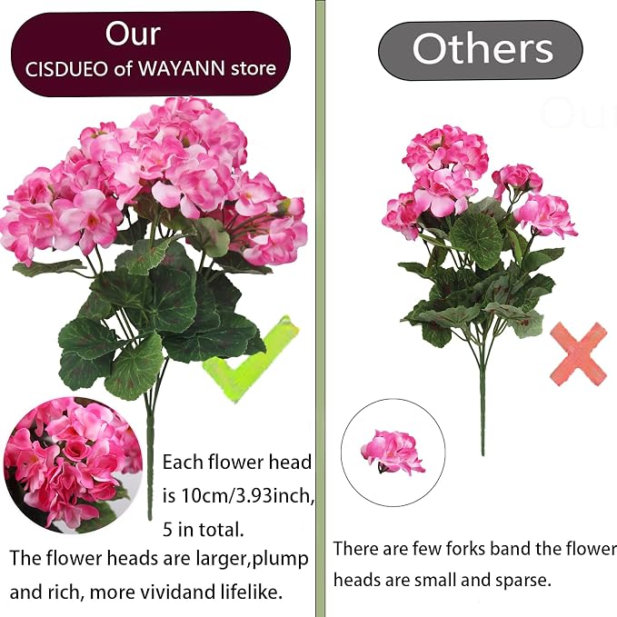 CISDUEO 4 Pcs Artificial Geraniums for Outdoors Silk Flowers Outside Pink | Faux Flowers Geraniums for Outdoor Planter Floral Home Decor Indoor Garden Patio Grave Cemetary Vase Table Centerpiece