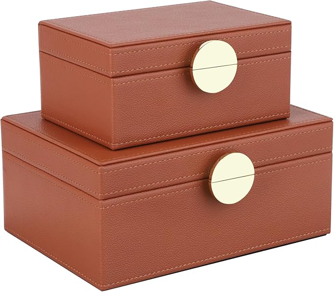 HofferRuffer Faux Leather Jewelry Boxes, Decorative Boxes Storage Accessory Organizer with Gold Hardware Decor, Classic Vegan Leather Set of 2 Pieces (Brown)