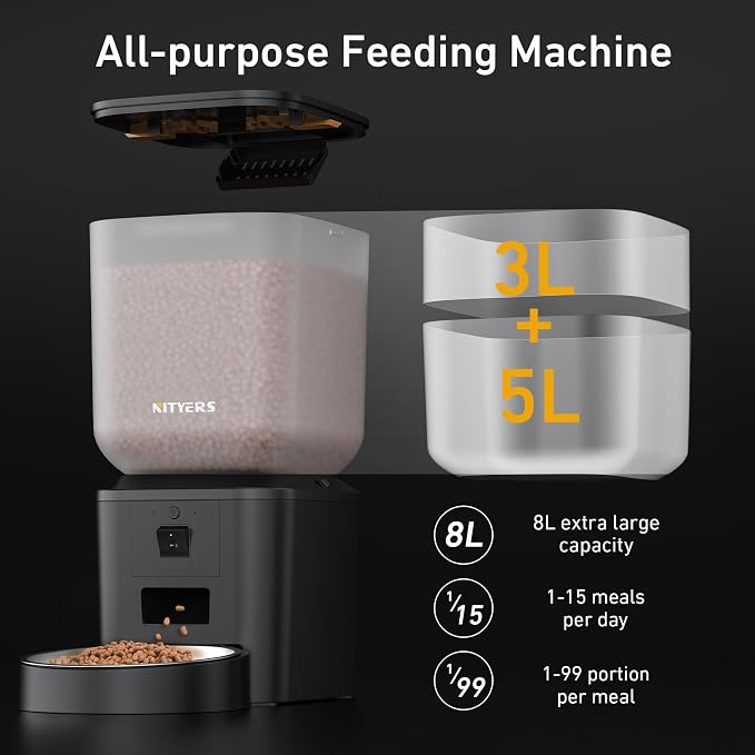 Automatic Dog & Cat Feeder with Camera & WiFi – 8L/34 Cups, 1080P Night Vision, 2.4 & 5G WiFi, 2-Way Talk, 10s Voice Recording, Timed Food Dispenser, Up to 99 Portions, 15 Meals Per Day