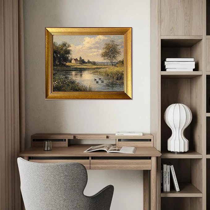 Gold Framed Vintage River Landscape Wall Art With Ducks Cottage Core Artwork Country Landscape Canvas Print for Living Room Bedroom Bathroom Decor