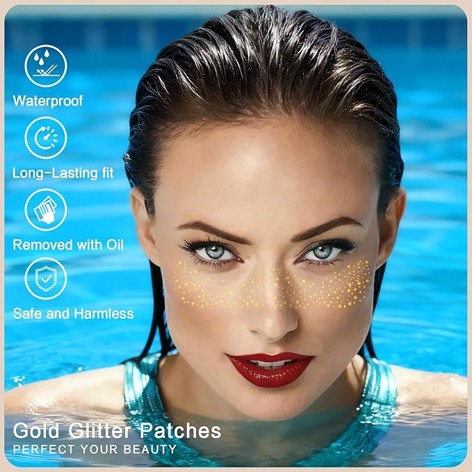 Gold Glitter Freckles Face Tattoo - 12PCS Sparkle Freckles Temporary Face Tattoos for Women, Glow Up Makeup Patches