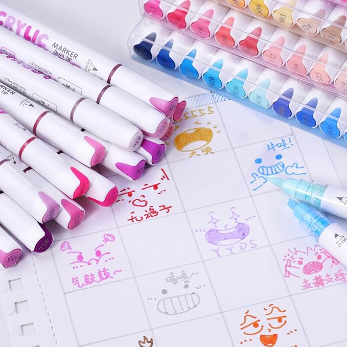 kander 12 Colors Dual Tip Acrylic Paint Markers, Pink Skin Color — Extra Fine & Soft Brush Pen Set with Direct Ink Flow for Sketching, Detailing, Coloring on Wood, Canvas, Rock, Glass, DIY Crafts