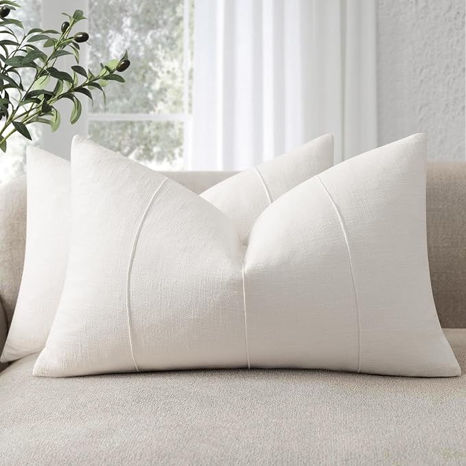 12x20 Pillow Covers Set of 2 Decorative Linen Lumbar Pillow Covers Solid handcrafted Striped Cushion Covers for Bed Soft Modern Farmhouse Neutral Pillowcase for Couch Bedroom Living Room(Cream White)
