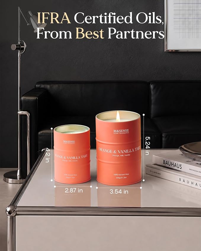 M&SENSE Orange Vanilla Scented Candles,Fall Candles for Home Organic Soy Candle, Clean Non Toxic 11.3oz 70 Hours Long Lasting Burning, Highly Scented Citrus Smelling Candle Cozy Room Decor