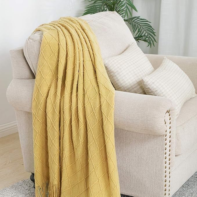 BOURINA Mustard Throw Blanket 60x80 Inch Boho Knit Soft Throw Sofa Blanket | Knitted Throw Blanket 60x80 Inches, Soft Lightweight Boho Weave Throw Decorative Couch Blanket for Living Room Bedroom Chair