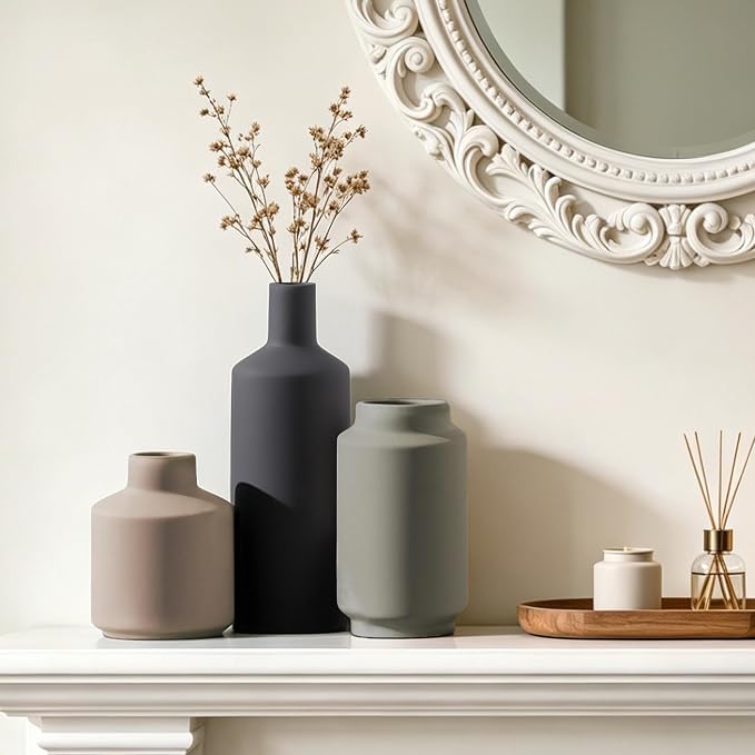 Ceramic Vase Set of 3, Modern Decorative Vases for Home Decor, Small Flower Pottery Vase Sets, Boho Farmhouse Rustic Vases for Living Room, Kitchen, Bedroom, Bathroom, Shelf, Table