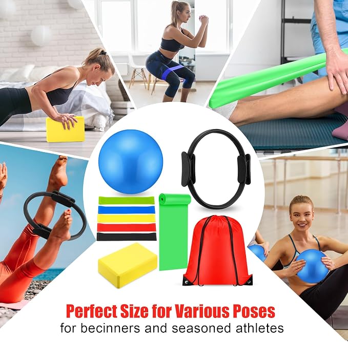Silipull 10 Pcs Pilates Ring Blocks Set for Women Home Yoga Equipment Accessories Pilates Ring Circle and Ball Workouts Gift Include Ball Yoga Circle Resistance Bands Block Straps Gym Bag
