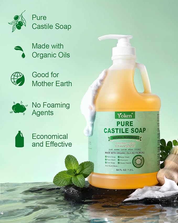 Yoken Peppermint Castile Soap Liquid 64 OZ, EWG Verified Made with Certified Organic Oils, Gentle Peppermint Soap for Body Wash, Face, Hands, Dishes, Laundry & More, Vegan Organic Versatile Cleanser