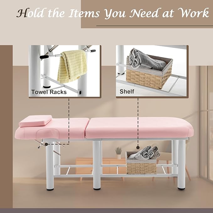 Professional Massage Bed 73 Inch, Treatment Table Salon with Removable Headrest, Stationary Physical Therapy Table Spa Facial with Adjustable Backrest, Steel Frame, Pink
