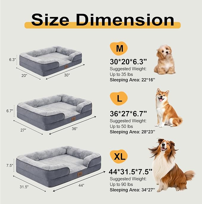 Orthopedic Extra Large Dog Bed, Memory Foam XL Dog Bed Couch, 44" L | Dual-layer Foam Mat, Washable Cover&Waterproof, Contoured Bolster Design, Indoor&Car Truck, Pet Bed for Dogs Cats Up to 90lbs