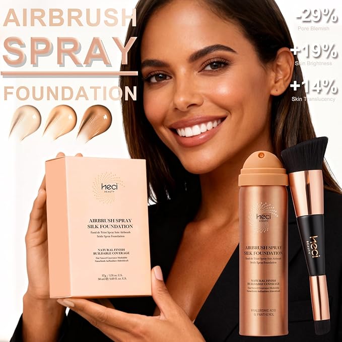 Magic Minerals AirBrush Foundation with Nanoscale Powder - HECI BEAUTY Flawless Finish Makeup,Silk Airbrush Spray & Kabuki Brush - Anti-Aging Ingredients for Smooth Radiant Skin,210 Tan,1.69 Fl Oz