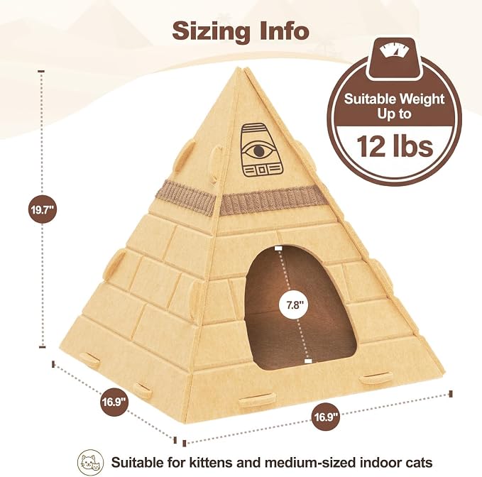 Cat Cave, Pyramid Felt Cat Scratch House for Indoor Cats | Scratch-Resistant & Foldable Cat House, Calming Kitten Sleeping Hideaway, Pharaoh Headdress Included, 17x17x20 inch