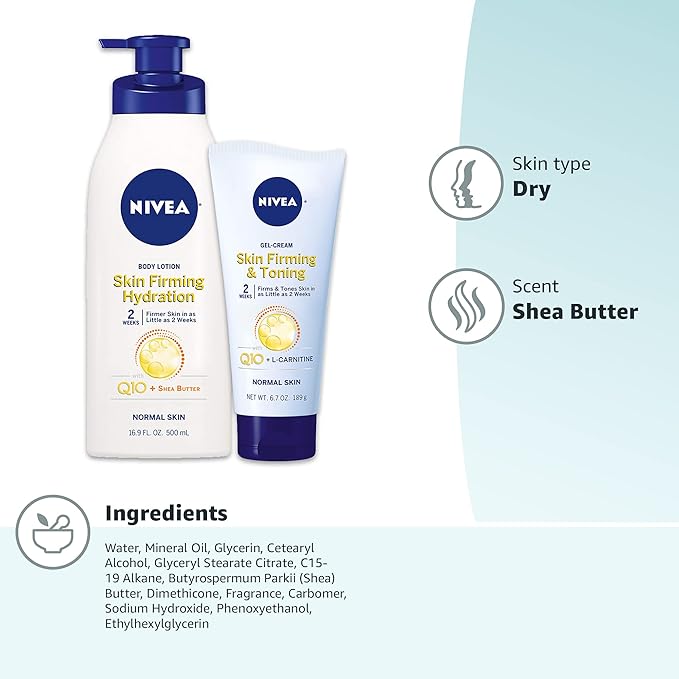 NIVEA Sheer Hydration Skin Firming Body Lotion (16.9 Fl Oz) + Skin Firming & Toning Body Gel Cream with Hyaluronic Acid (6.7 Oz),Enriched with Q10 and Vitamin C,(Pack of 4)