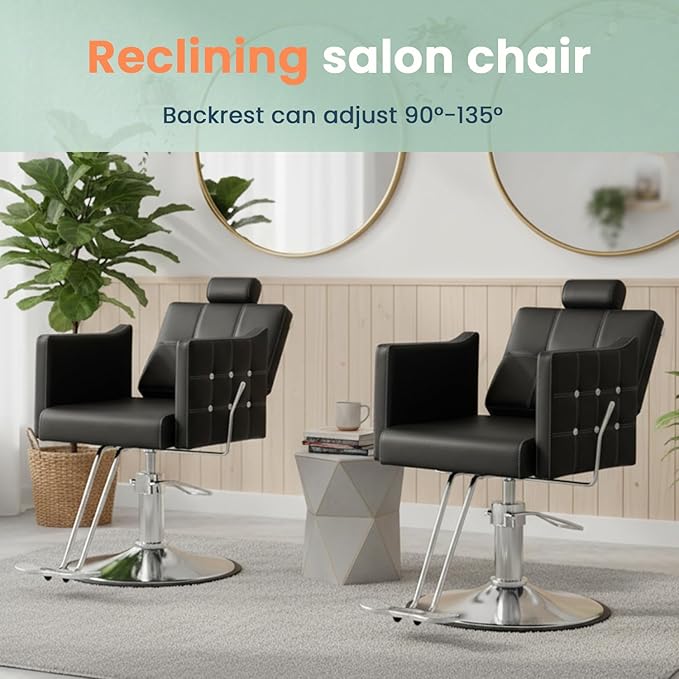 Black Reclining Salon Chair for Hair Stylist, Heavy Duty Barber Salon Chair, Hair Chairs 360° Swivel, Adjustable Height, Ergonomic Reclining Stylist Chairs for Beauty Salon
