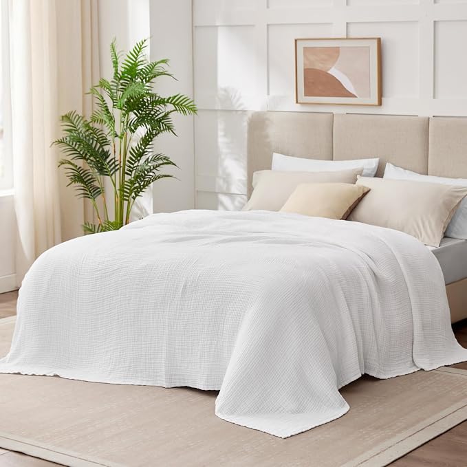 100% Cotton Muslin Blanket California King 120" x 90", 6 Layers Breathable and Lightweight Oversized Blankets for Bed, Soft Cooling Gauze Blanket for Adults All Season, White