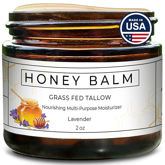 Tallow Honey Balm, Organic Body Butter, Grass-Fed Beef Tallow for Skin, Soothing All-Natural Moisturizer for Body and Face | Made in USA - 2 oz (Lavender)
