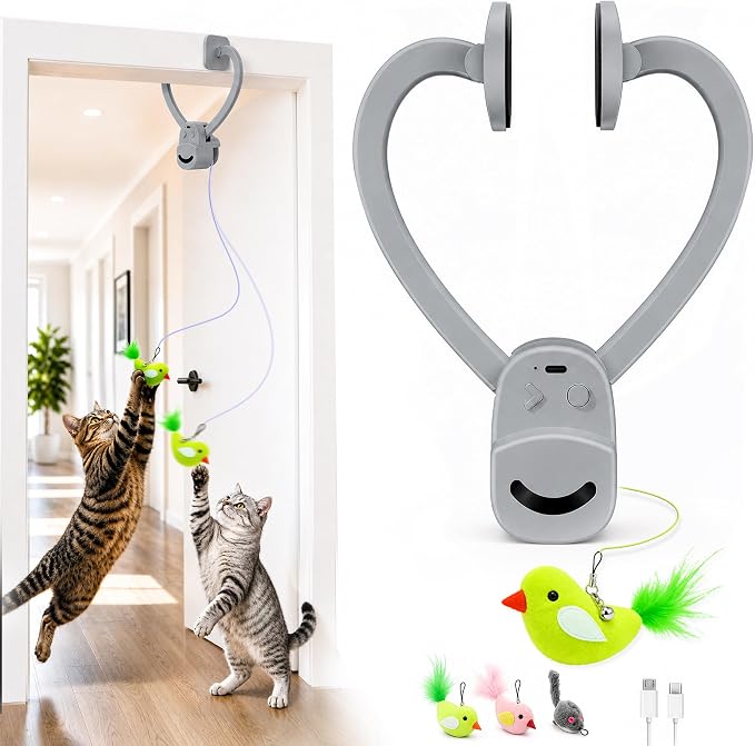 CATPICK Interactive Doorway Cat Toy, No-Adhesive Clip-On for Indoor Cats | Automatic Retractable bird-and-mouse motion with 8-minute auto-play, touch-to-wake response, USB charging, 2 birds & 1 mouse
