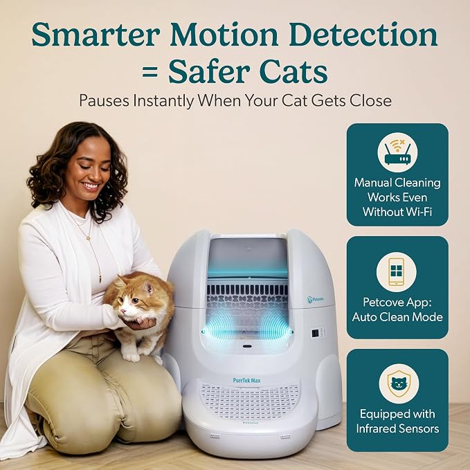 Petcove PurrTek Automatic Litter Box Self Cleaning 5GHz Wi-Fi, Odor Control | Quiet Operation with App Sealed Waste Bin, Advanced Safety Sensors, Auto Smart Self Cleaning Cat Litter Box for Multiple Cats