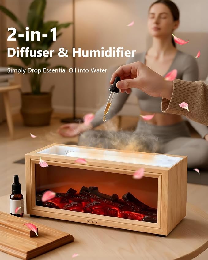 Essential Oil Diffuser, 7-Color Fireplace Fire Flame Aromatherapy Humidifier, 280ml Ultrasonic Aroma Diffuser, Cozy with Time Sets and Remote Control for Bedroom Home Yoga Office