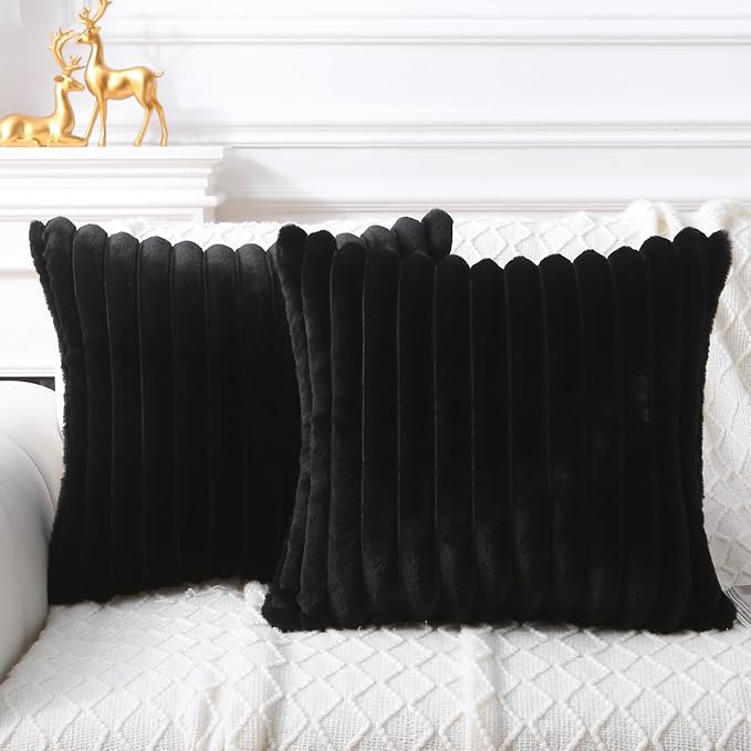 Decorative Throw Pillow with Inserts, Set of 2 Soft Faux Fur Throw Pillows, Square Boho Striped Pillow for Couch, Bed, Sofa Decor(Black, 18" x 18")