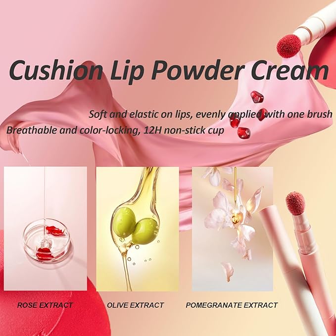 Cushion Lip Powder Cream, Matte Lip Cream - Long-Lasting & Smooth Skin, Non-Drying, Moisturizing Non-Fading Lipstick, CreaM Velvet Finish, Lightweight (N14 Cherry pink)
