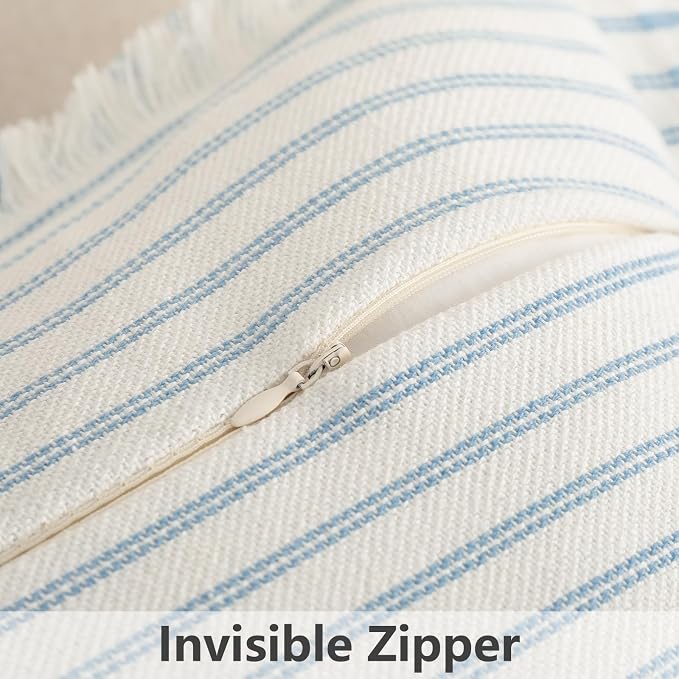 Throw Pillow Covers 20x20 Set of 2 Striped Pillow Covers with Fringe Chic Cotton Decorative Pillows Square Cushion Covers for Sofa Couch Bed Living Room Farmhouse Decor (Light Blue)
