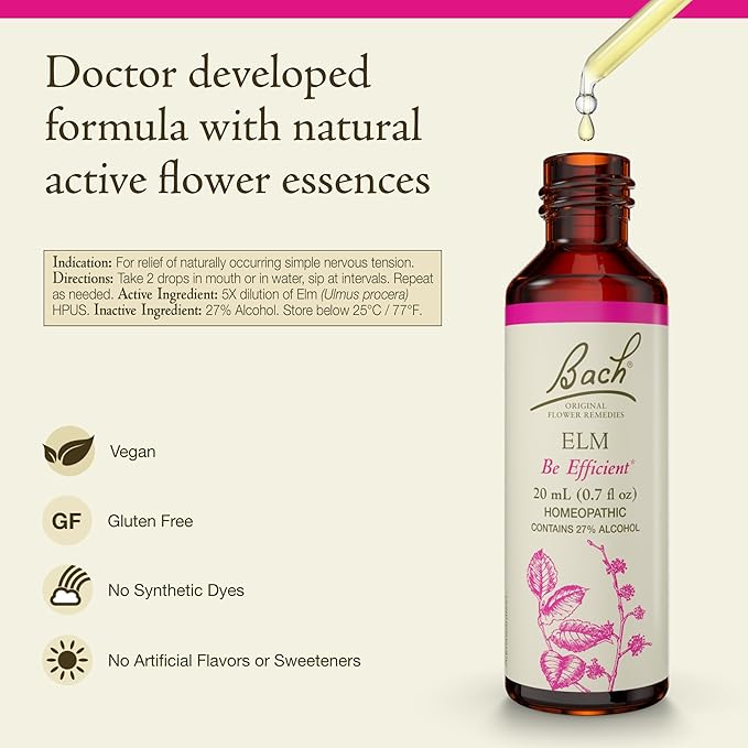 Bach Original Flower Remedies, Elm - Be Efficient - Natural Homeopathic Flower Essence for Emotional Balance - Vegan, Gluten Free, Sugar Free - 20mL Dropper