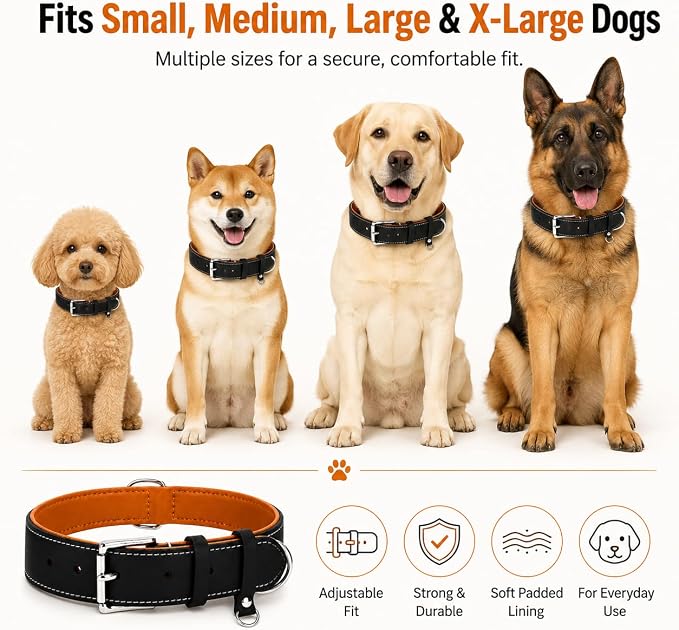 Genuine Leather Dog Collar, Soft Padded Leather Dog Collars with Airtag Holder Case for Small Medium Large X-Large Dogs,Comfort Heavy Duty Pet Collar with Durable Metal Buckle & D-Ring-Black/L