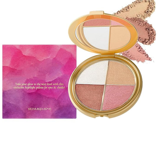 Eye & Cheek Palette - Eyeshadow and Highlighter Makeup, 4-In-1Makeup Palettes Kit, Highlighting Eye & Cheek Palette, Face Highlighter & Glow Blush Palette for Women & Girls