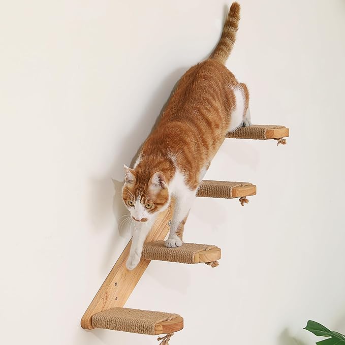 FUKUMARU Cat Climbing Shelf Wall Mounted, Large | Four Step Cat Stair, Natural Jute Scratching, Solid Rubber Wood, Kitten Shelves Furniture