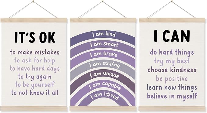 Koesus Inspirational Classroom Purple Rainbow Wall Art Poster Hanger Frame 12x16 Inch Set of 3, Positive Affirmations for Kids, Motivational Canvas Prints Framed Wall Decor for Classroom Kids Room