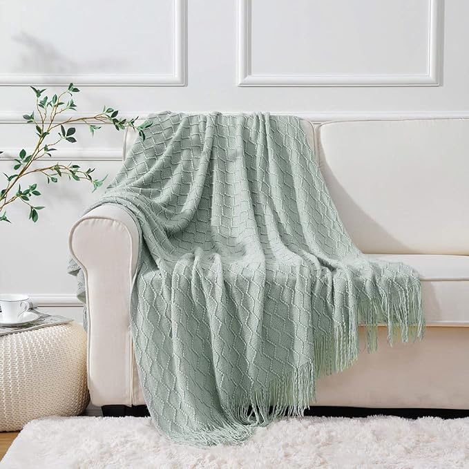 BATTILO HOME Sage Green Throw Blanket for Couch, Light Blue Knit Throw Blanket, Decorative Textured Sage Throw for Home Decor, 50"x60"