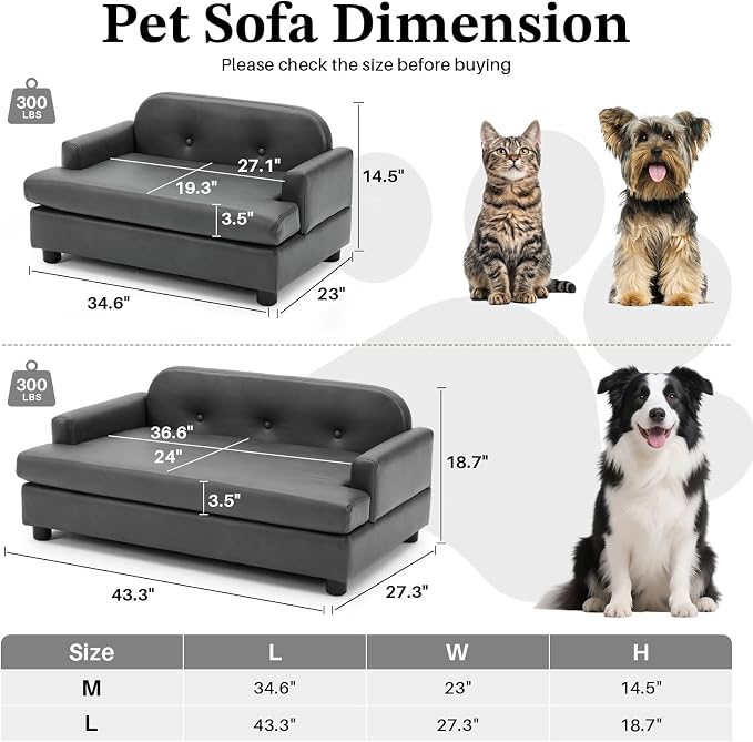Luxury Dog Sofa Bed Elevated Pet Couch with Durable Waterproof Leather | Dog Couch with Orthopedic Sponge, Modern Furniture Style Dog Lounge & Pet Bedside Step, for Small/Medium Dogs/Cats, Gray
