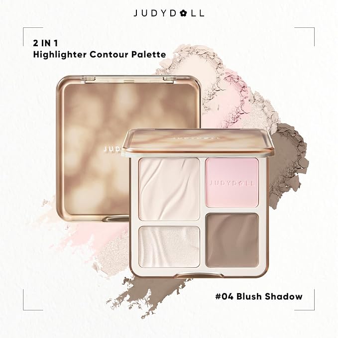 JUDYDOLL Highlight & Contour Palette, All-in-One Matte Highlighter Contour Compact, Natual Finish, Ultra-fine Powder, Easy to Apply, Blendable Face Makeup for All Skin Tones (04 Blush Shadow Palette)