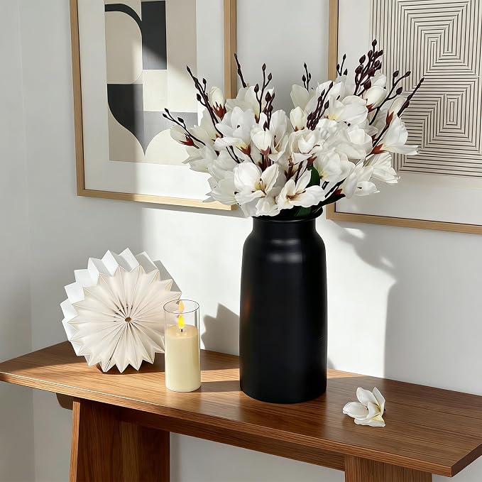Black Seamless Wide Mouth Metal Flower Vase, 10.8" Modern Unique Home Decor Centerpiece Elegant Rose Cylinder Decorative Vases for Living Room Entry Table Office Desk Bathroom Shelf, Wedding Gift