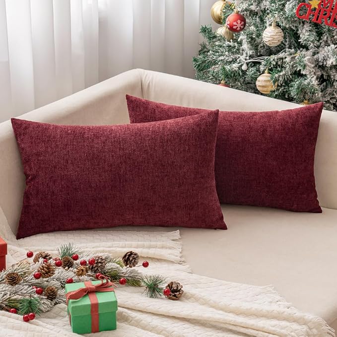 MIULEE Soft Chenille Lumbar Throw Pillow Covers Burgundy 12x20 Pack of 2 | Modern Home Decor, Classic Decorative Pillows, Solid Dyed Cases, Boho Couch Cushion Covers for Sofa Bed Living Room