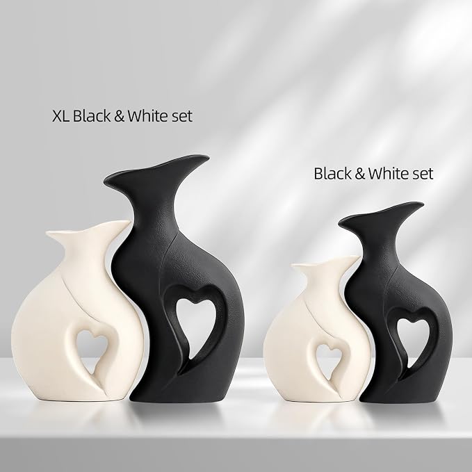 XL Black and White Vase Set of 2, Heart Shaped Ceramic Flower Vase | Home Decor, Minimalist Decorative, Modern, For Wedding Dining Living Room Office Coffee Table Centerpiece H 10.1 inches