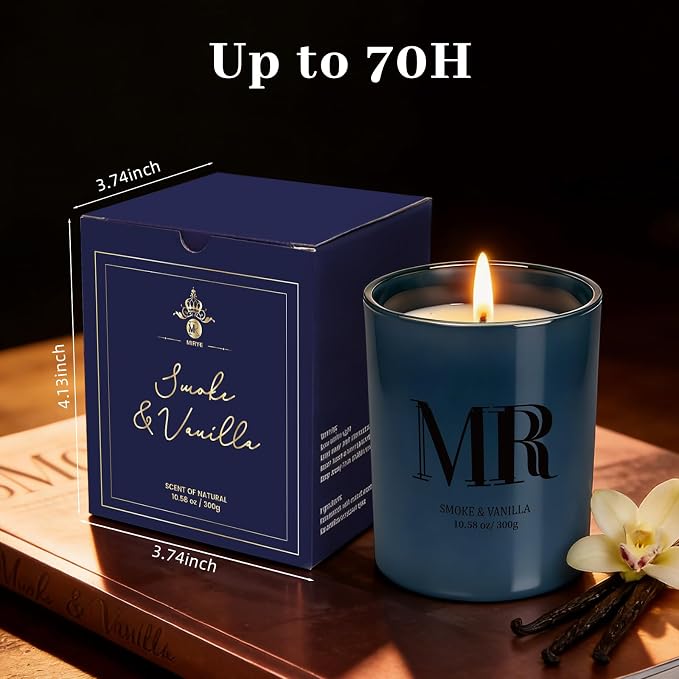 Candles for Men, Smoke & Vanilla Masculine Scented Candle, 10.58oz Natural Soy Wax Candle, 70 Hour Burn Time, Birthday Gifts for Men, Husband, Boyfriend, Dad, Home Fragrance Decor