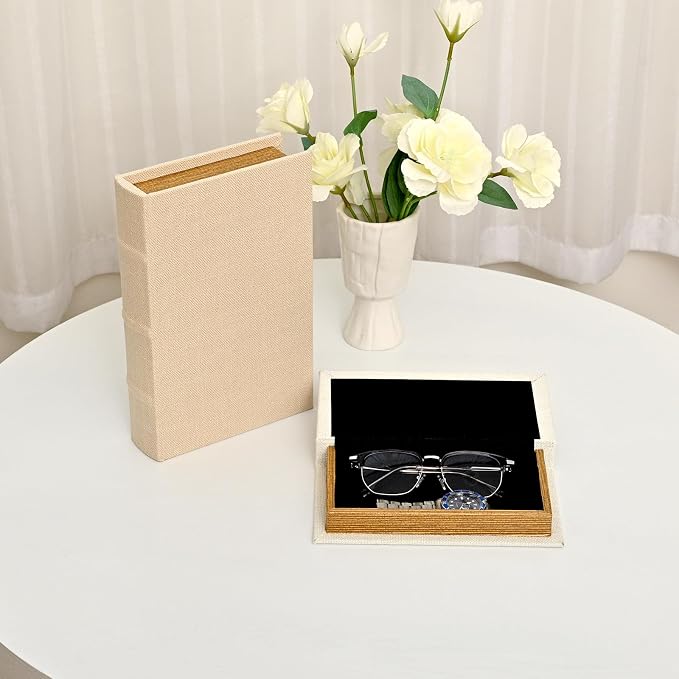 DECOR4SEASON Decorative Faux Book Storage Boxes Set of 2, Linen Fabric Textured Books, Off White, Modern Minimalist Home Decor, Bookshelf Accents for Coffee Table