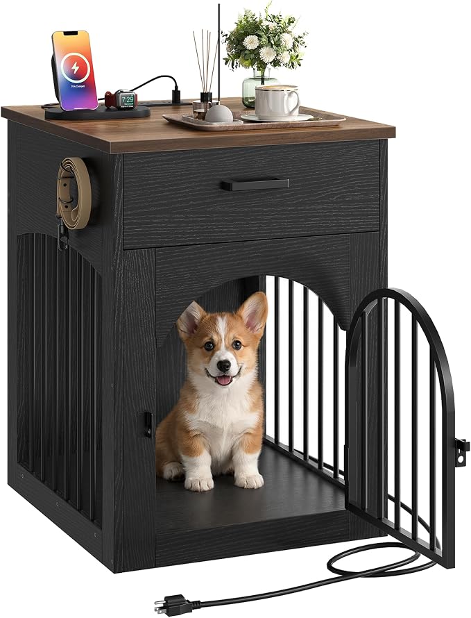CHOEZON Dog Crate Furniture, Wooden Dog Kennel with Charging Station and Storage Drawer, Indoor Pet Crate End Table for Small Breeds,Dog Cage for Living Room, Bedroom, Black and Walnut MGW01UBL