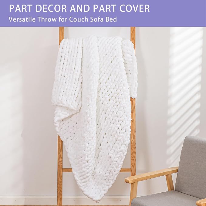 Bigacogo Chunky Knit Throw Blanket for Couch, 60x80 inches, Pure White | Hand Knit with Jumbo Chenille, Soft Breathable Cable Knit for Sofa Bed Living Room, Machine Washable, Gift for Mom Friend