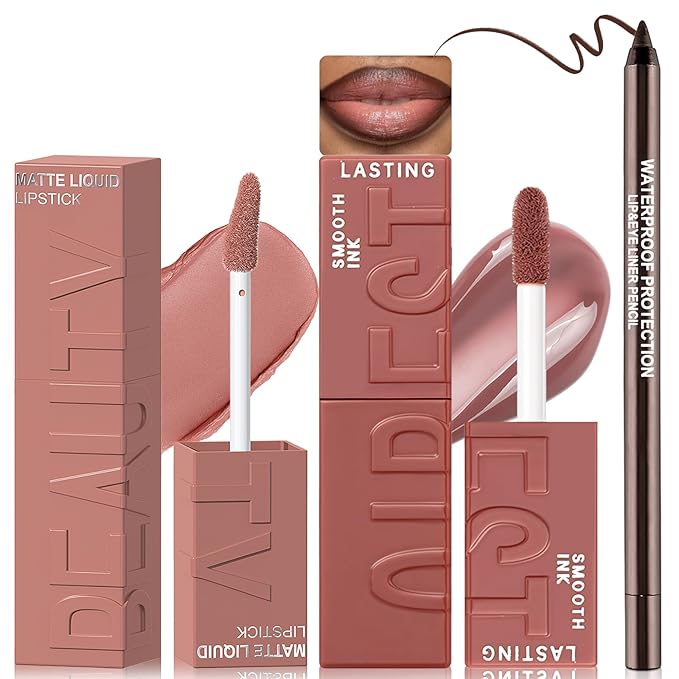 3-in-1 Lip Kit - Matte Liquid Lipstick for Women Brown Lip Liner and Gloss Set Long Lasting Lip Tint Nude Smudge Proof Highly Pigmented Lipcolor Trio Non-Stick Cup Velvet Lip Gloss Makeup
