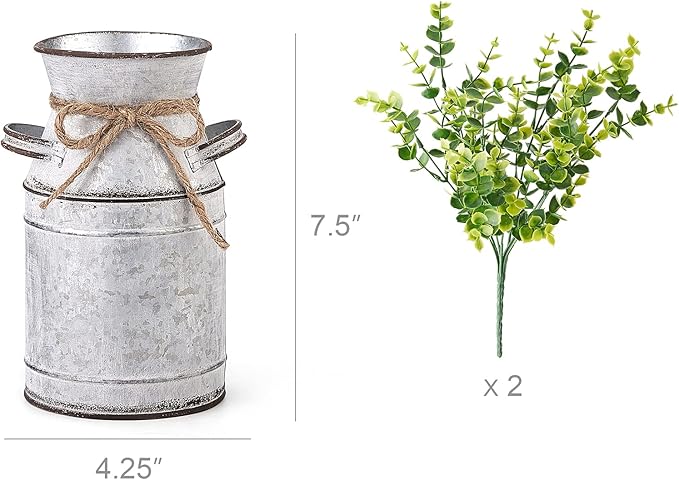 Dahey Metal Flower Vase with Artificial Eucalyptus Farmhouse Decor Rustic Shabby Chic Milk Can Galvanized Jug Planter Fake Plants in Decorative Tin Vase for Table Centerpieces Bedroom Kitchen Decor