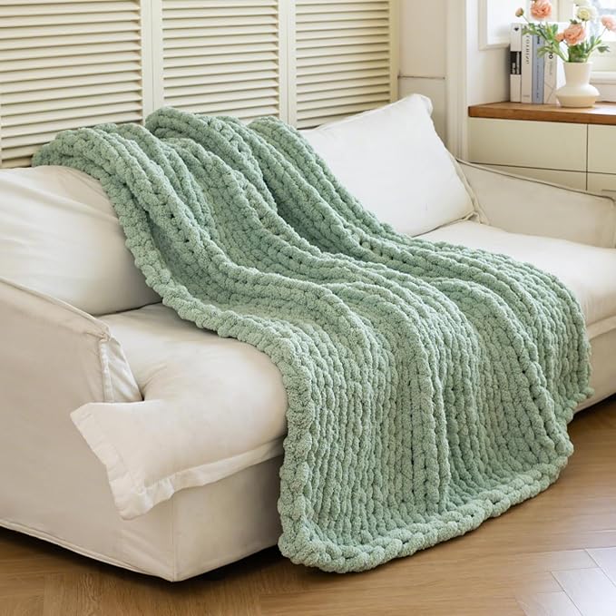 Chunky Knit Blanket - Luxury Soft Cozy 50 * 60 Throw Blanket,100% Woven Blanket Rope Knot Throw Blanket for Couch, Sofa, Home Decor, Gift - Machine Washable (Sage Green, 50 * 60)