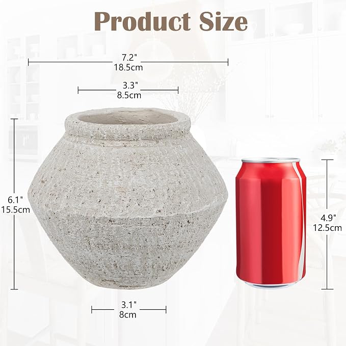 Briful Rustic Ceramic Vase 6'' Decorative Farmhouse Table Vase, Off White | Weathered Light Clay Urn Pottery for Shelf Decor, Entryway Console, Bathroom Vanity, Coffee Table Centerpiece, Faux Floral